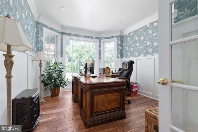 519 Cardinal Ln, Warrenton, VA 20186 - office featuring a decorative wall, wallpapered walls, plenty of natural light, a wainscoted wall, and dark wood-style floors