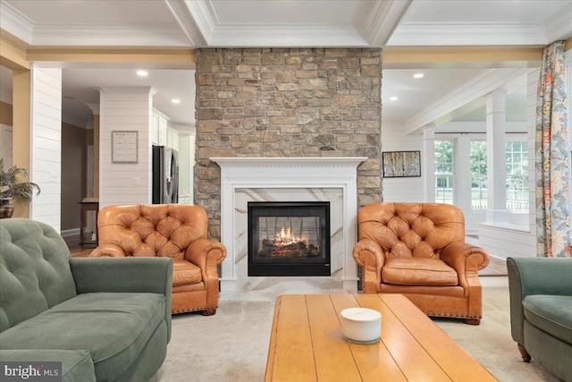 519 Cardinal Ln, Warrenton, VA 20186 - living room featuring ornamental molding, light colored carpet, a fireplace, ornate columns, and recessed lighting