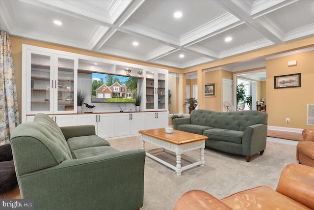 519 Cardinal Ln, Warrenton, VA 20186 - living room with crown molding, coffered ceiling, beamed ceiling, and recessed lighting
