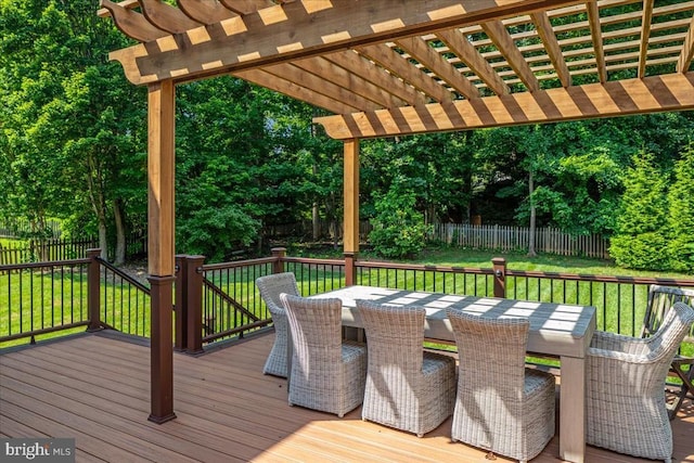 519 Cardinal Ln, Warrenton, VA 20186 - wooden terrace featuring outdoor dining area, a fenced backyard, a pergola, and view of scattered trees