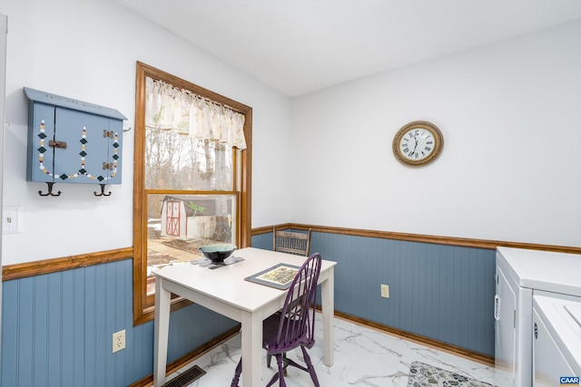 609 Jefferson Dr, Palmyra, VA 22963 - dining area featuring marble finish floor, washer and dryer, visible vents, and a wainscoted wall