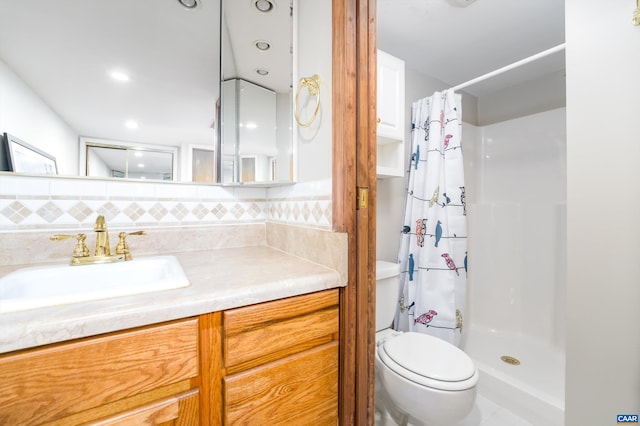609 Jefferson Dr, Palmyra, VA 22963 - bathroom featuring toilet, decorative backsplash, vanity, and a shower with shower curtain