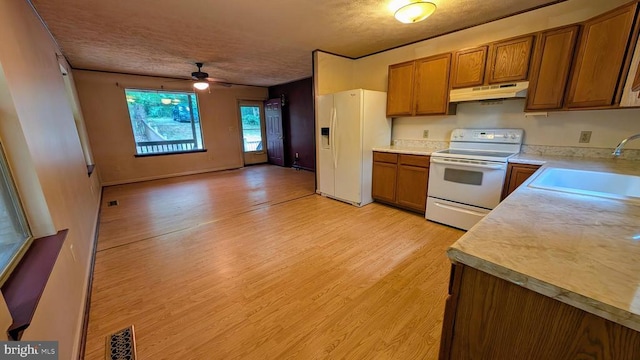 400 Laurel Dr, Madison, VA 22727 - kitchen featuring white appliances, under cabinet range hood, brown cabinets, ceiling fan, and light countertops