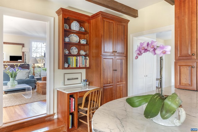 190 Perkins Rd, Kents Store, VA 23084 - dining area with beamed ceiling and wood finished floors