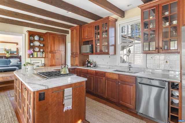 190 Perkins Rd, Kents Store, VA 23084 - kitchen featuring a sink, stainless steel appliances, light wood-type flooring, and beam ceiling