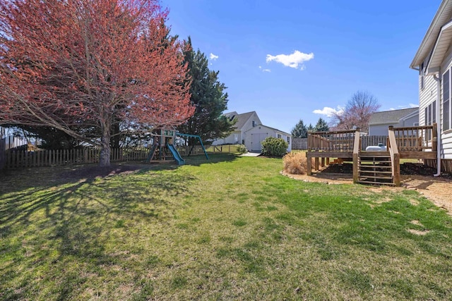 30 Sir Robin Rd, Waynesboro, VA 22980 - view of yard featuring a playground, a wooden deck, stairway, and an outbuilding