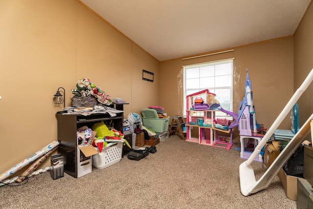 3930 Williams Ln, Elkton, VA 22827 - recreation room featuring carpet floors, vaulted ceiling, and ornamental molding