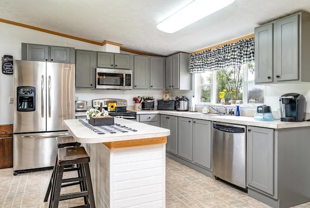 3930 Williams Ln, Elkton, VA 22827 - kitchen with stainless steel appliances, gray cabinetry, vaulted ceiling, light countertops, and crown molding