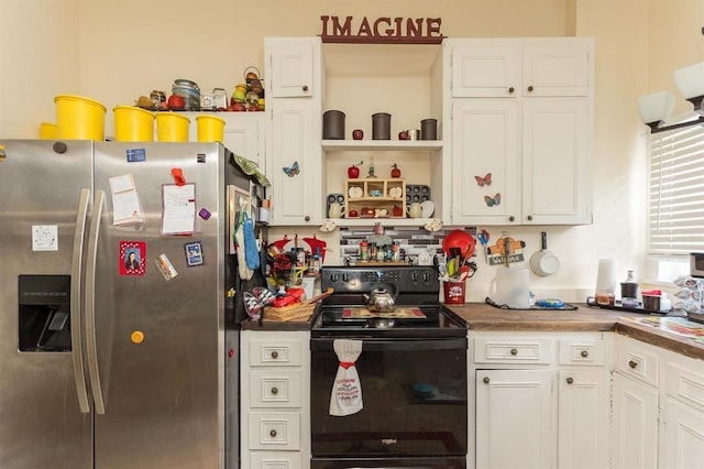 kitchen with open shelves, stainless steel fridge with ice dispenser, black / electric stove, and white cabinets
