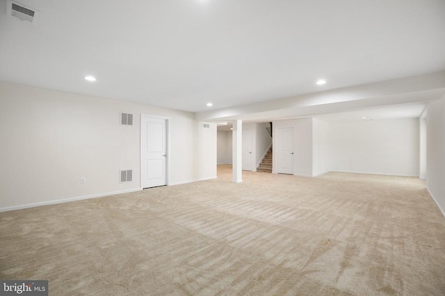 6056 Greenspring Rd, Fredericksburg, VA 22407 - finished basement featuring light carpet, stairway, recessed lighting, and baseboards