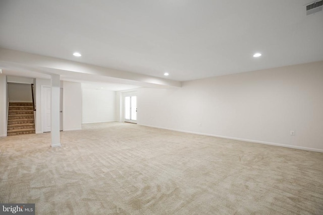 6056 Greenspring Rd, Fredericksburg, VA 22407 - basement featuring recessed lighting, stairway, light carpet, and baseboards