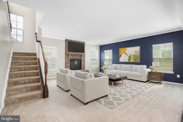 6056 Greenspring Rd, Fredericksburg, VA 22407 - living room featuring ornamental molding, stairs, light colored carpet, baseboards, and healthy amount of natural light