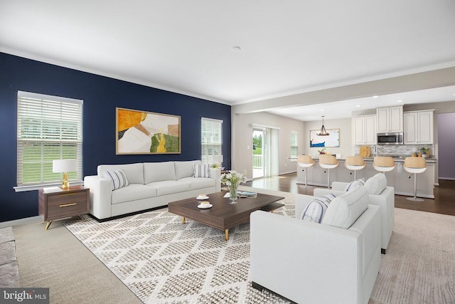 6056 Greenspring Rd, Fredericksburg, VA 22407 - carpeted living room with ornamental molding, baseboards, and recessed lighting