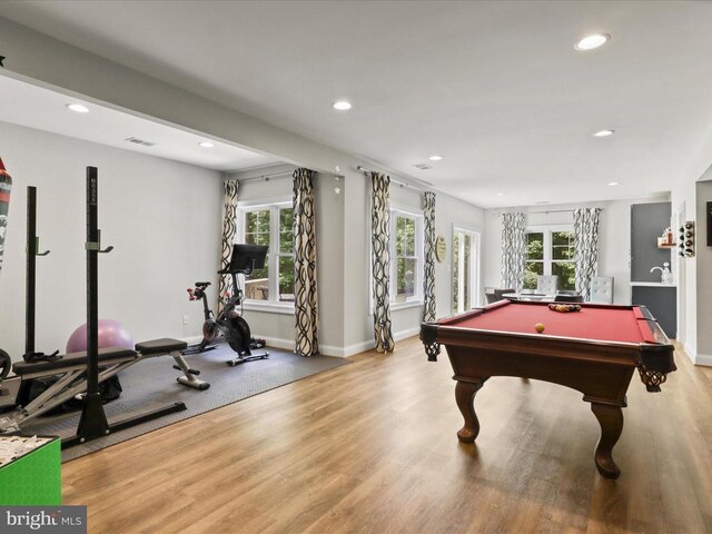 recreation room with recessed lighting, wood finished floors, plenty of natural light, baseboards, and billiards table