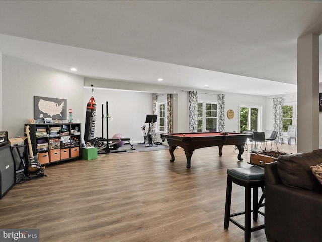 rec room with recessed lighting, billiards table, and wood finished floors