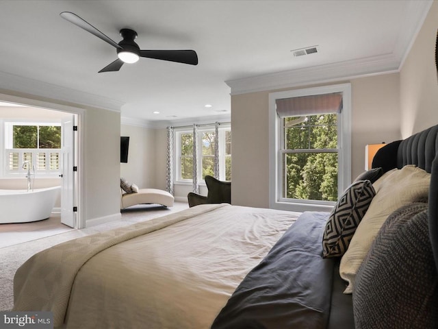 bedroom with ornamental molding, recessed lighting, a ceiling fan, and baseboards