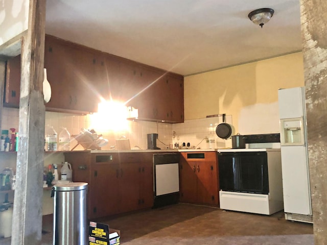 9264 Schuyler Rd, Schuyler, VA 22969 - kitchen featuring range with electric stovetop, decorative backsplash, white refrigerator with ice dispenser, light countertops, and concrete floors
