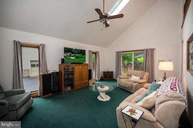 127 Gold Rush Dr, Locust Grove, VA 22508 - living area featuring high vaulted ceiling, carpet floors, and a ceiling fan
