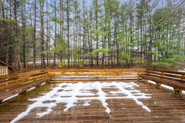 view of snow covered deck