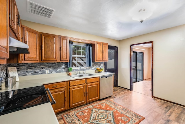 kitchen with sink, backsplash, light wood-type flooring, and appliances with stainless steel finishes