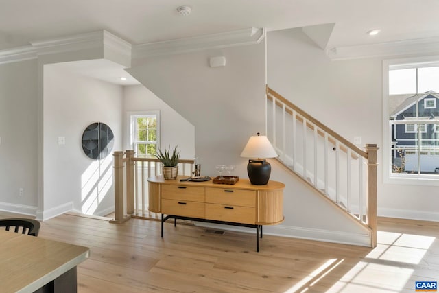 43 Farrow Cir, Charlottesville, VA 22901 - sitting room featuring light wood-type flooring, baseboards, ornamental molding, recessed lighting, and stairway