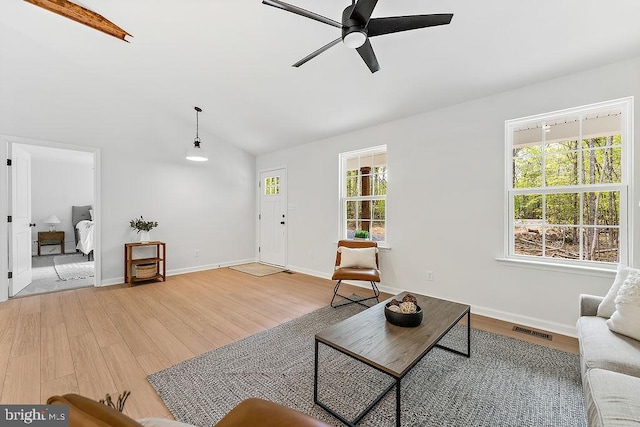 5903 Stubbs Bridge Rd, Mineral, VA 23117 - living room featuring light wood-type flooring, ceiling fan, lofted ceiling, and baseboards