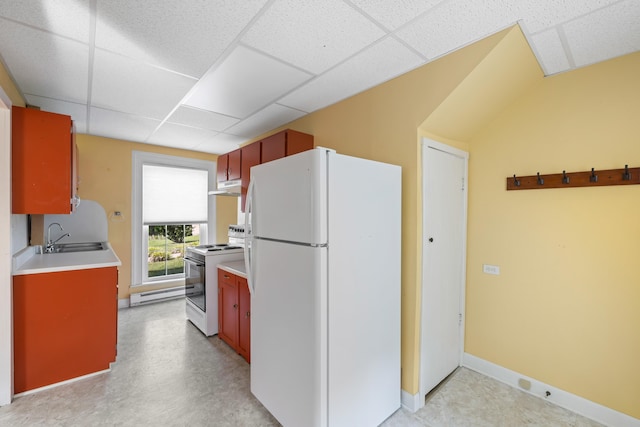 887 Natural Chimneys Rd, Mount Solon, VA 22843 - kitchen featuring white appliances, under cabinet range hood, a sink, a baseboard radiator, and a drop ceiling