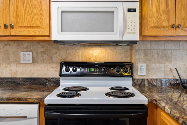 887 Natural Chimneys Rd, Mount Solon, VA 22843 - kitchen with white appliances, tasteful backsplash, and dark countertops
