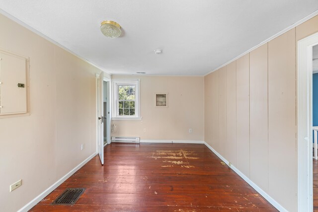887 Natural Chimneys Rd, Mount Solon, VA 22843 - unfurnished room featuring hardwood / wood-style floors, a baseboard heating unit, electric panel, crown molding, and baseboards