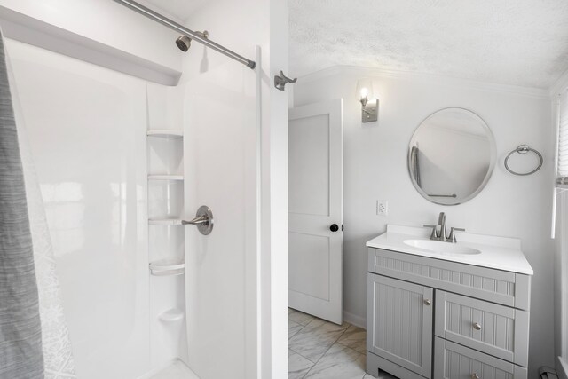 887 Natural Chimneys Rd, Mount Solon, VA 22843 - bathroom with marble look tile flooring, vanity, curtained shower, a textured ceiling, and ornamental molding