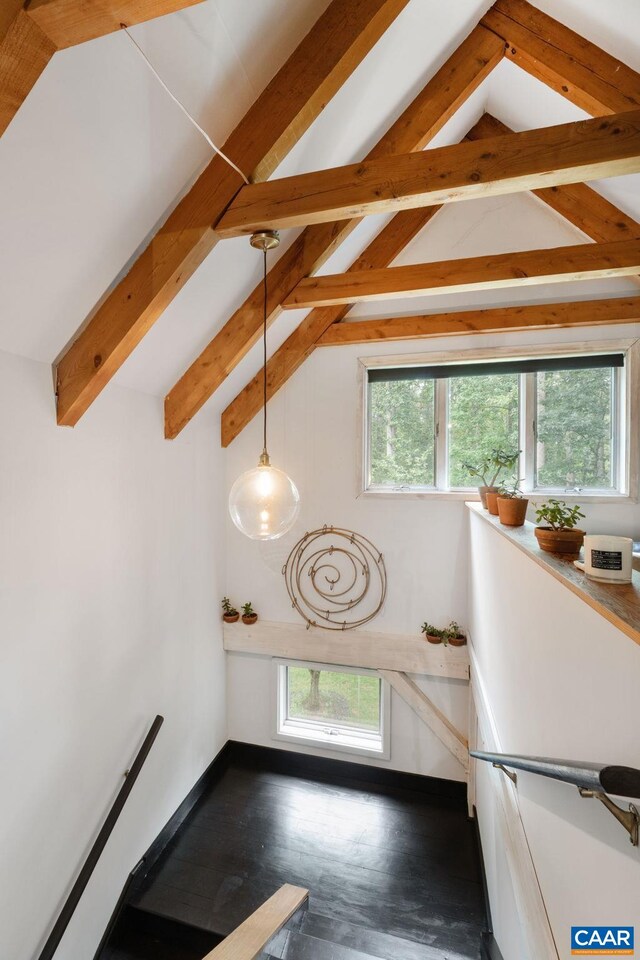 5875 Burnett Ln, Advance Mills, VA 22968 - full bathroom with a shower stall, a skylight, wood finished floors, and beamed ceiling