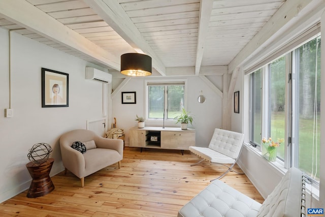 5875 Burnett Ln, Advance Mills, VA 22968 - sitting room with a wall unit AC, light wood-style flooring, and a wood ceiling with exposed beams