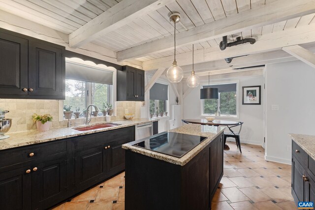 5875 Burnett Ln, Advance Mills, VA 22968 - kitchen featuring oven, black electric stovetop, open shelves, a wooden ceiling with exposed beams, and dark cabinets