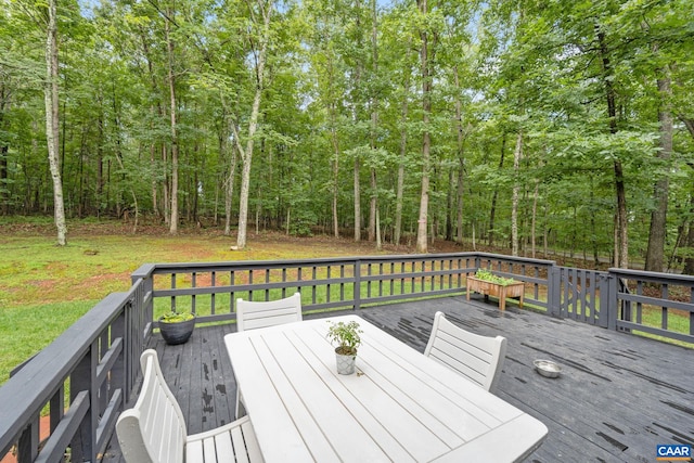 5875 Burnett Ln, Advance Mills, VA 22968 - wooden terrace with outdoor dining area, a forest view, and a lawn
