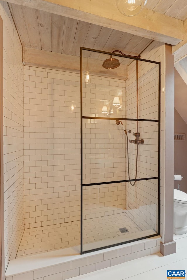 5875 Burnett Ln, Advance Mills, VA 22968 - bathroom with a stall shower and wooden ceiling