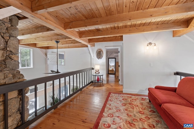 5875 Burnett Ln, Advance Mills, VA 22968 - hallway featuring hardwood / wood-style floors and a wood ceiling with exposed beams