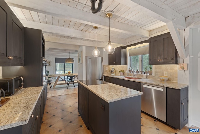 5875 Burnett Ln, Advance Mills, VA 22968 - kitchen with dark cabinets, black electric stovetop, decorative backsplash, stainless steel dishwasher, and a kitchen island