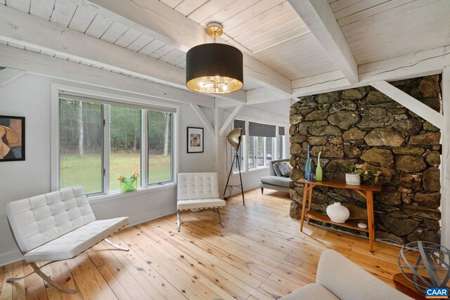 5875 Burnett Ln, Advance Mills, VA 22968 - sitting room featuring light wood-type flooring and a wood ceiling with exposed beams