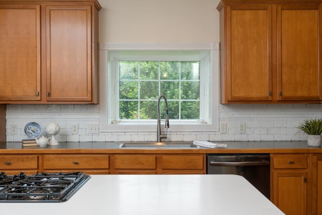109 Leavel Ct, Bridgewater, VA 22812 - kitchen featuring dishwasher, a sink, black gas cooktop, tasteful backsplash, and brown cabinets