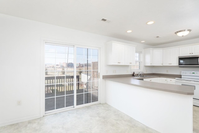 kitchen featuring white cabinets, kitchen peninsula, sink, and electric range