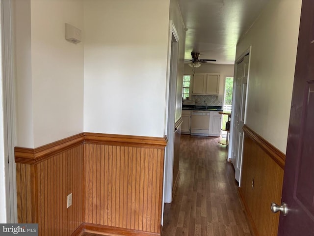 319 Fox Hunters Ln, Madison, VA 22727 - hallway with a wainscoted wall, dark wood-style floors, and wood walls