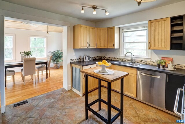 807 Hillcrest Rd, Charlottesville, VA 22903 - kitchen featuring stainless steel dishwasher, a sink, dark countertops, light brown cabinets, and rail lighting