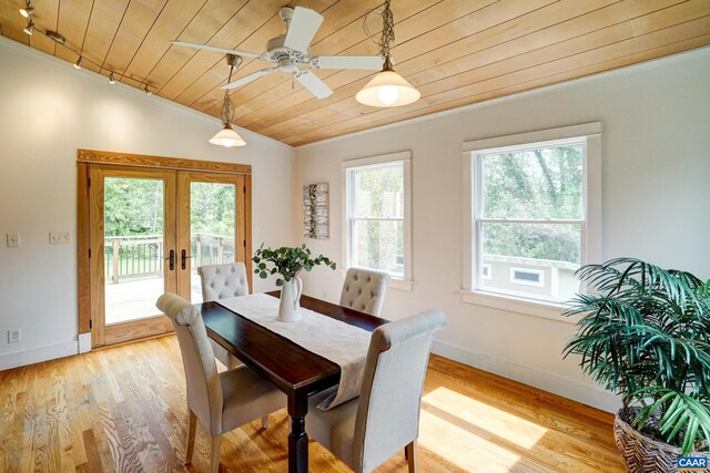 807 Hillcrest Rd, Charlottesville, VA 22903 - dining area with wooden ceiling, french doors, lofted ceiling, baseboards, and light wood finished floors