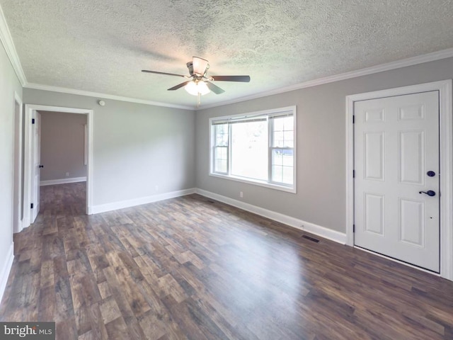 20497 Constitution Hwy, Orange, VA 22960 - foyer entrance featuring dark wood finished floors, ceiling fan, a textured ceiling, baseboards, and ornamental molding