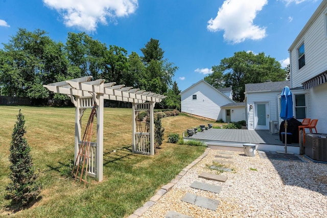 1204 Westmoreland Dr, Staunton, VA 24401 - view of green lawn featuring a wooden deck, central AC, and a pergola