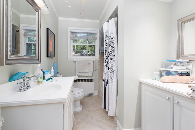 1204 Westmoreland Dr, Staunton, VA 24401 - full bath featuring radiator, ornamental molding, vanity, toilet, and baseboards