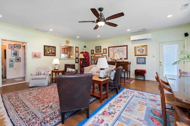 1204 Westmoreland Dr, Staunton, VA 24401 - living area with a wall unit AC, crown molding, ceiling fan, wood finished floors, and recessed lighting