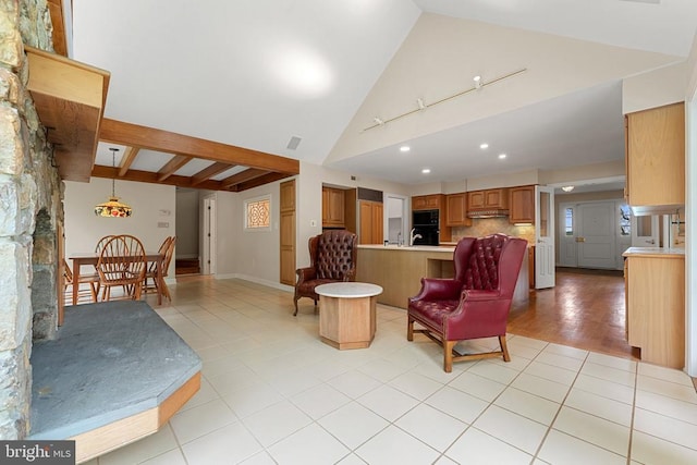 8300 Falcon Glen Rd, Warrenton, VA 20186 - living area featuring recessed lighting, light tile patterned flooring, and high vaulted ceiling