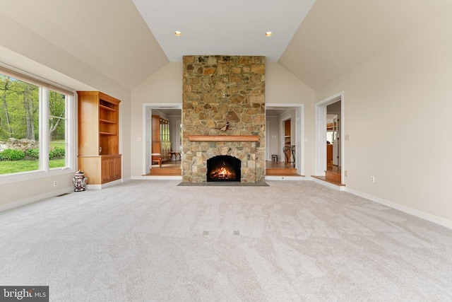 8300 Falcon Glen Rd, Warrenton, VA 20186 - unfurnished living room with vaulted ceiling, baseboards, and light carpet