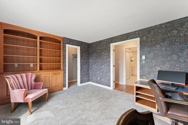 8300 Falcon Glen Rd, Warrenton, VA 20186 - office area with baseboards, wallpapered walls, and carpet